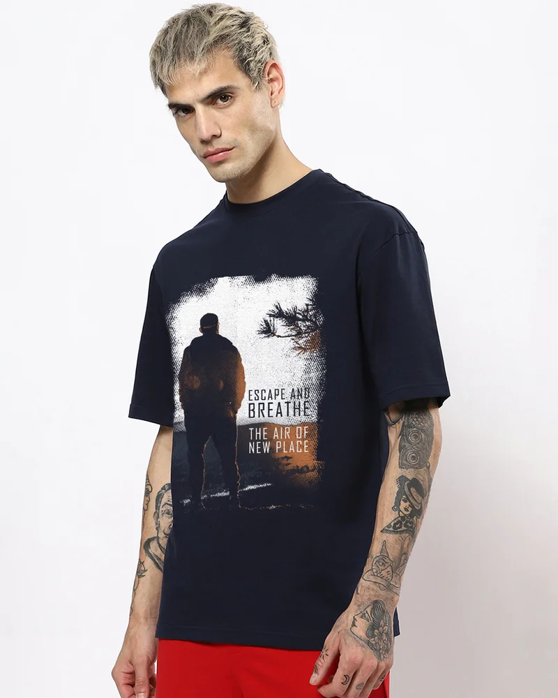 بيواكوف Men's Navy Blue Make Tracks Graphic Printed Oversized T-shirt